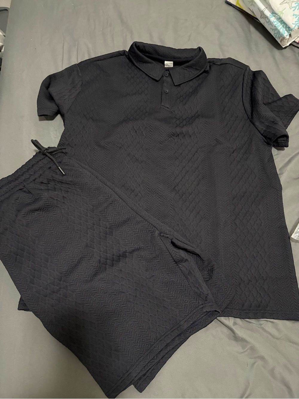 Men's Textured Black Polo and Short Set